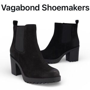 VAGABOND SHOEMAKERS GRACE BLACK NUBUCK LEATHER CHELSEA LUG SOLE BLOCK HEEL BOOTS